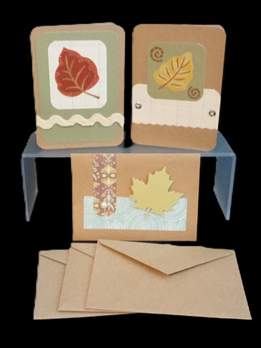 3 Handmade Kraft Leaf Embellished Unisex Birthday Greeting Card Set